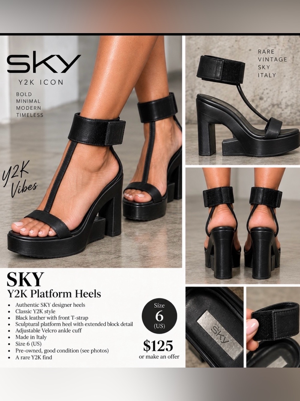 Sky Black T-Strap Platform Block Heels Y2K Sz6 Velcro ankle strap